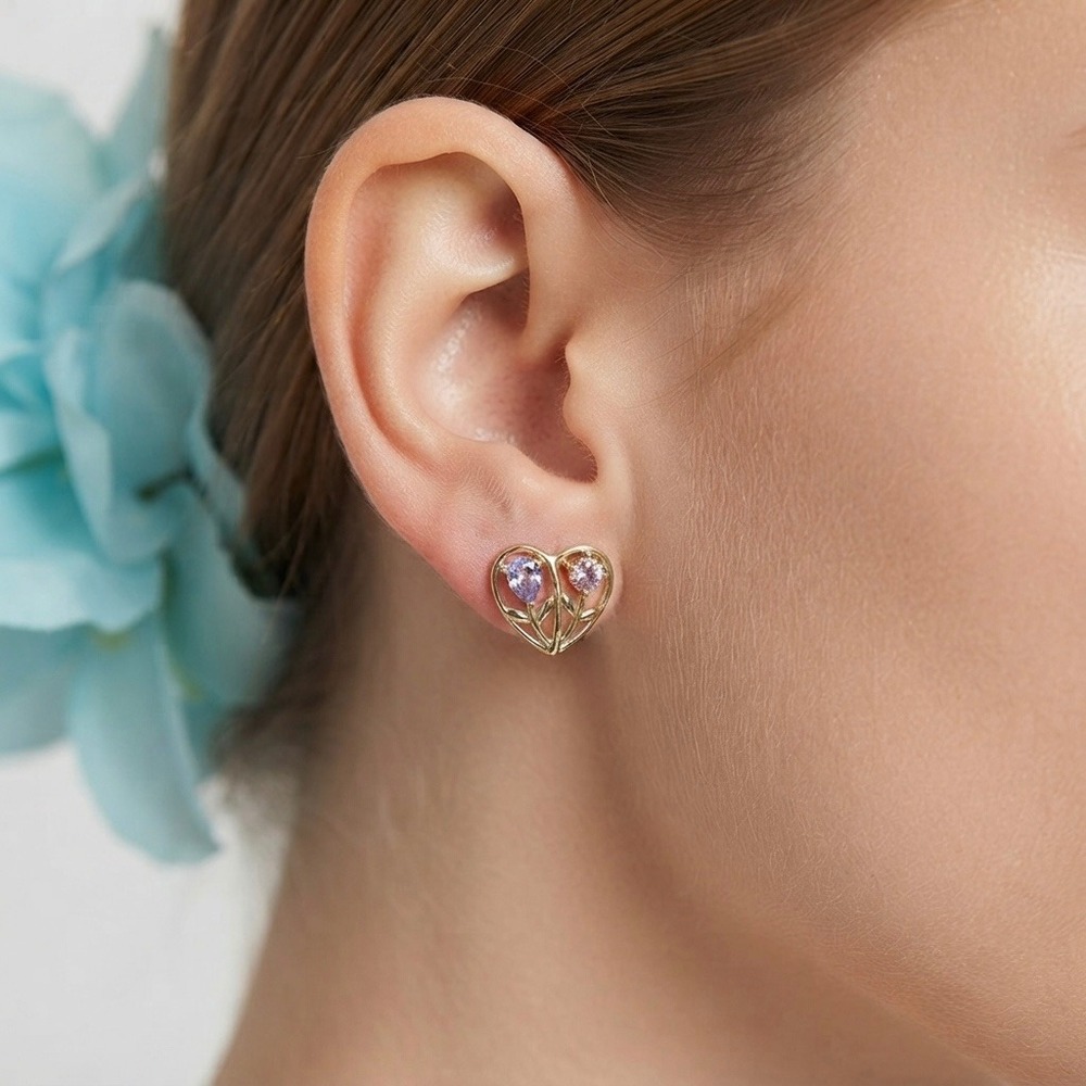 14K Gold Plated XP Heart Stud Earrings Lavender Pink Cubic Zirconia